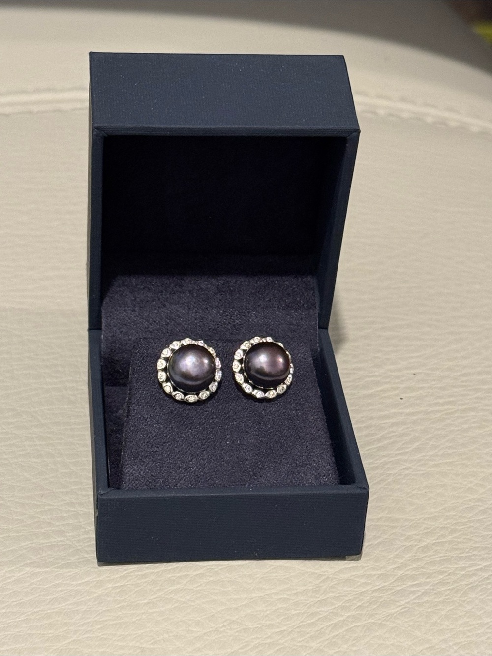 NWT Genuine Tahitian Black Pearl Halo Stud Earrings - Peacock Overtone & Topaz